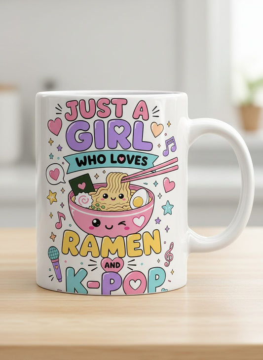 Just a Girl Who Loves Ramen and K-Pop Fans White Mug - product mockup - White