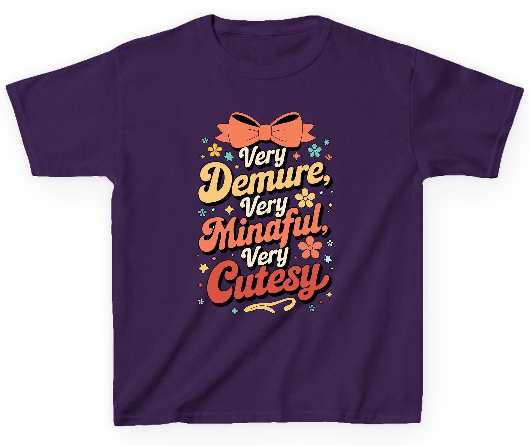 Very Demure, Very Mindful, Very Cutesy positive affirmations Youth T-Shirt Purple product mockup