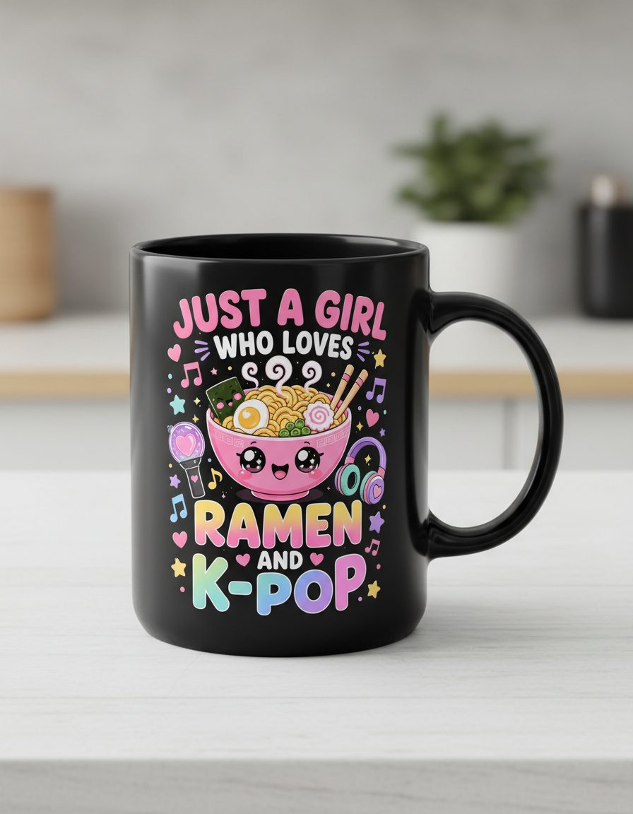 Just a Girl Who Loves Ramen and K-Pop K-Pop Fans Black Mug - product mockup - Black