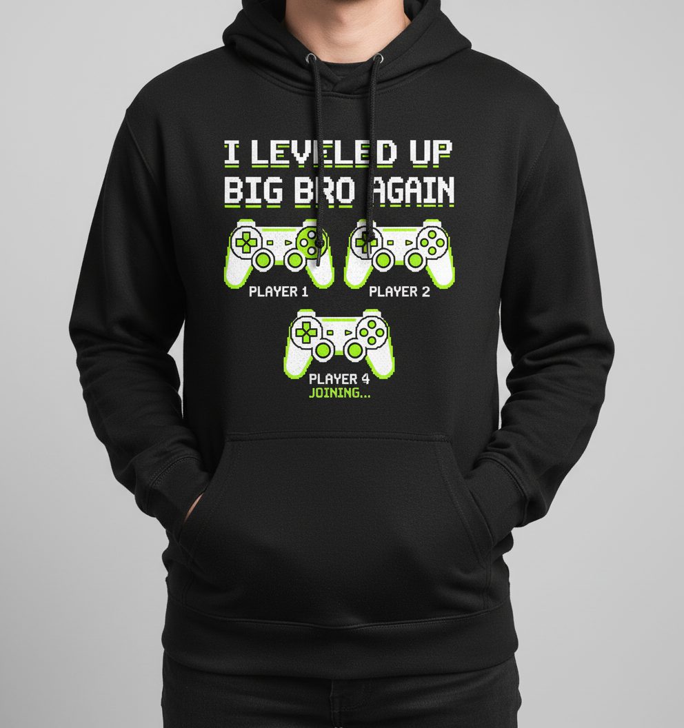 I Leveled UP BIG BRO AGAIN Retro Brother Announcement Hoodie - product mockup - Black