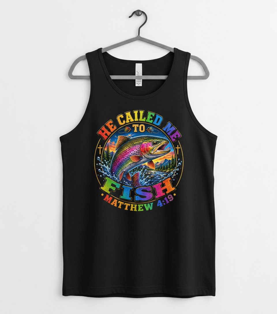 HE CALLED ME TO FISH Matthew 4 19 Christian Fishing Tank Top - product mockup - Black