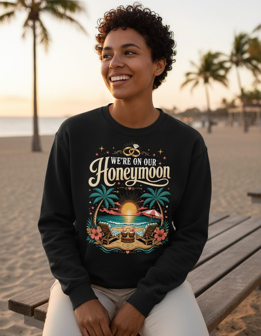 We're on Our Honeymoon Retro Newlyweds Sweatshirt - lifestyle model mockup - Black