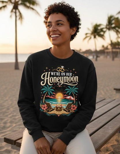 We're on Our Honeymoon Retro Newlyweds Sweatshirt - lifestyle model mockup - Black