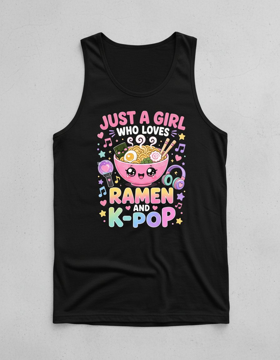 Just a Girl Who Loves Ramen and K-Pop K-Pop Fans Tank Top - product mockup - Black