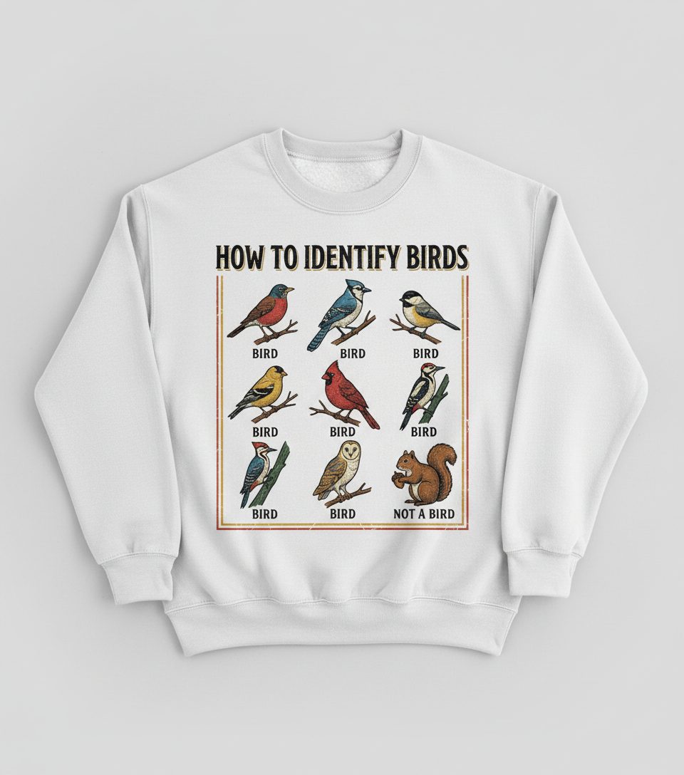 How to Identify Birds Funny Birdwatching Sweatshirt - product mockup - White