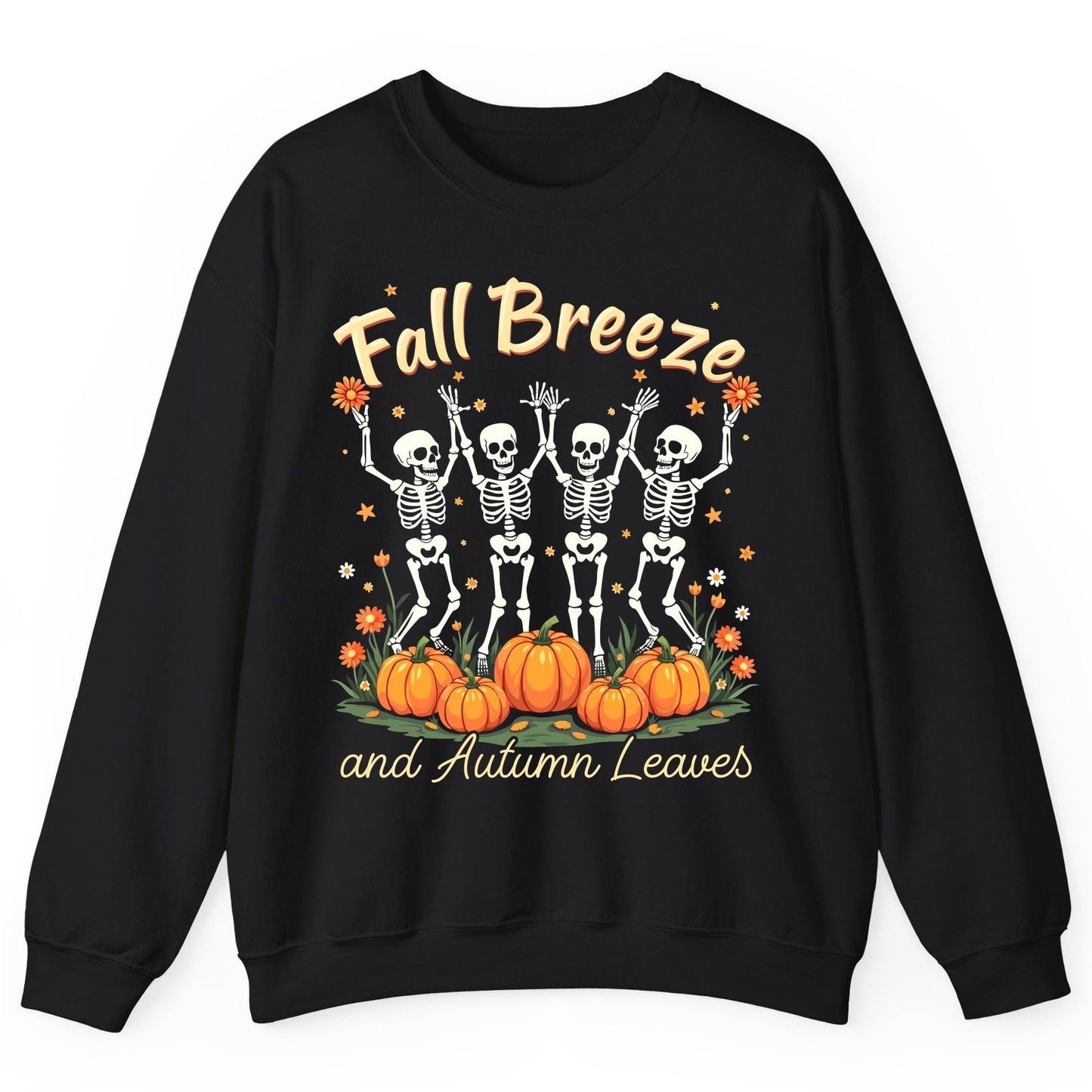Fall Breeze and Autumn Leaves dancing skeletons Sweatshirt Black product mockup
