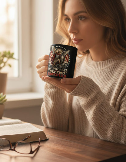 St Michael Defend America Patriotic Christian Black Mug - lifestyle model mockup - Black