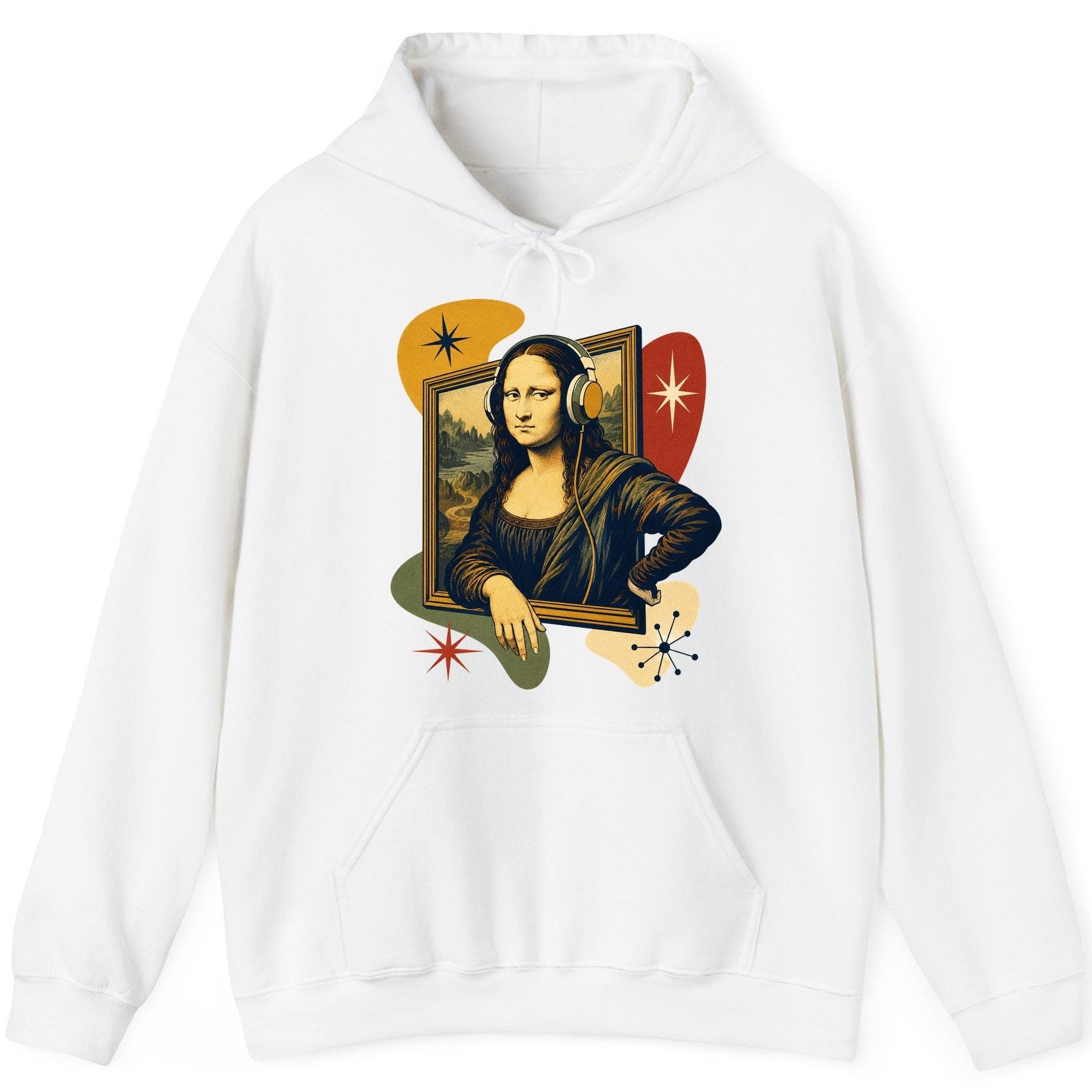 Retro Mona Lisa with Headphones Funny Art Lovers Hoodie - product mockup - White