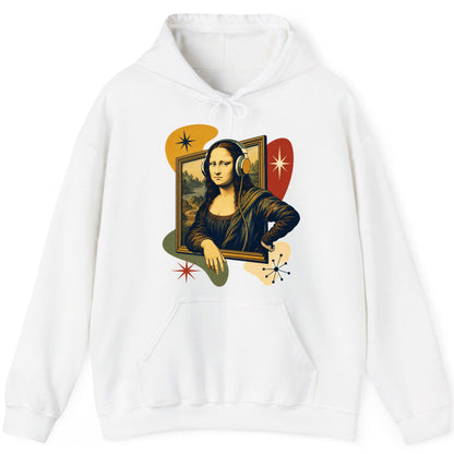Retro Mona Lisa with Headphones Funny Art Lovers Hoodie - product mockup - White