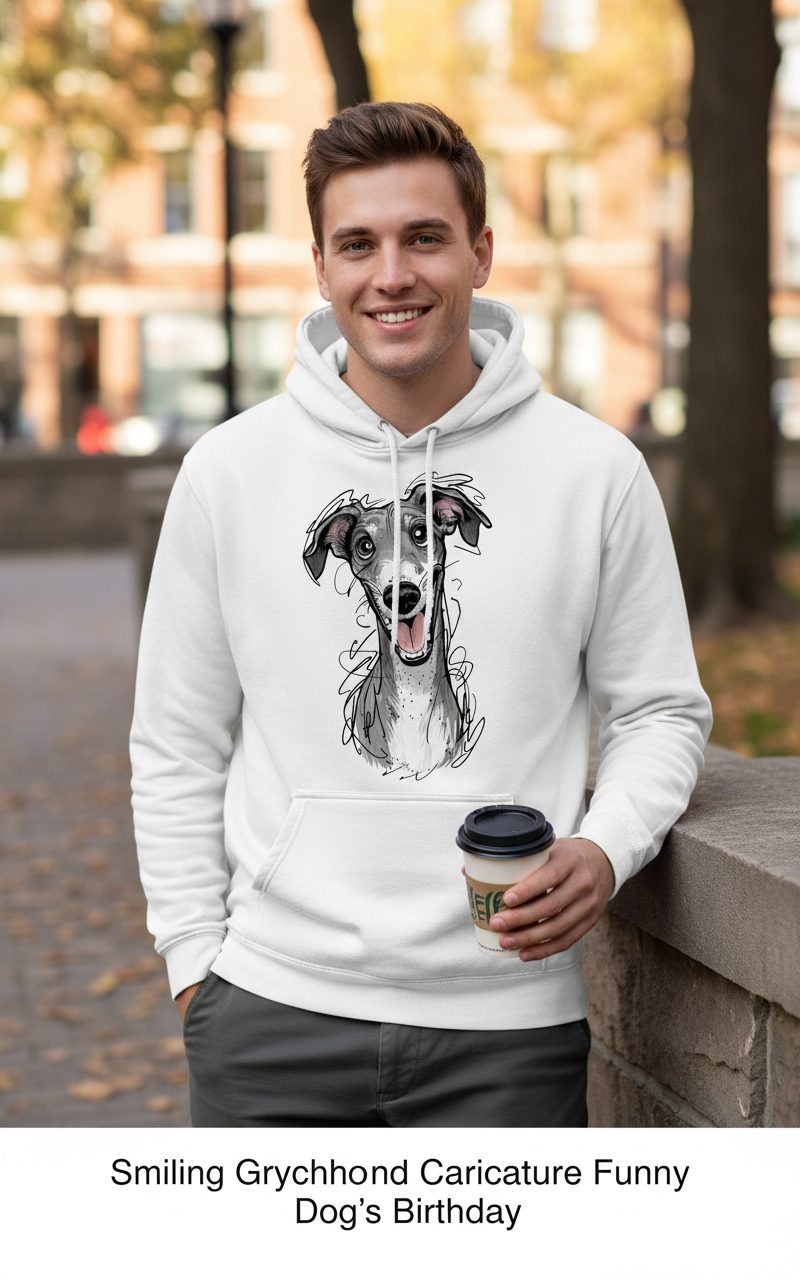 Smiling Greyhound Caricature greyhound Hoodie White lifestyle mockup