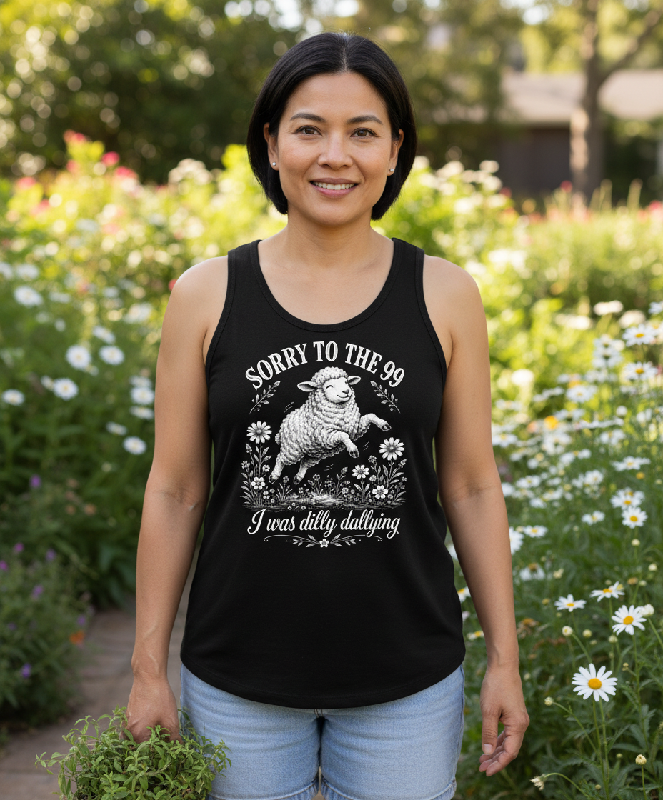 Dilly Dallying Lost Sheep Christian Humor Design Tank Top - Black