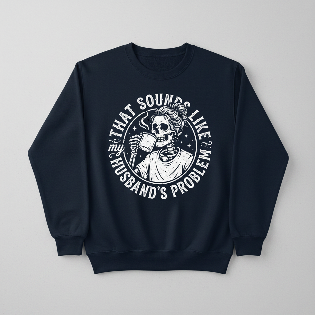 Skeleton Wife Drinking Coffee 'Husband's Problem' Design Sweatshirt - Navy