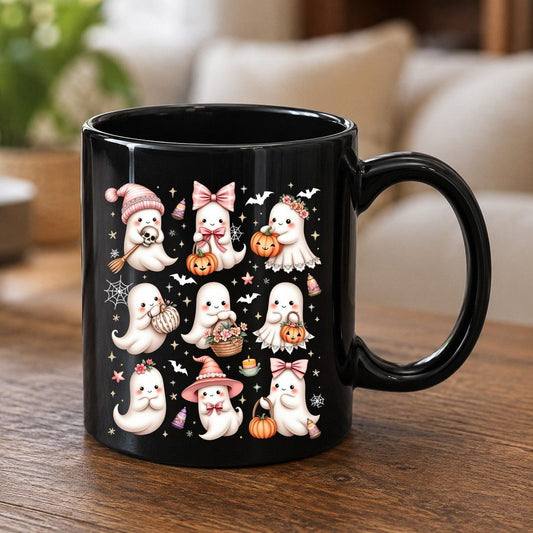 Cute Pink Halloween Ghosts cute Halloween ghosts Black Mug Black product mockup