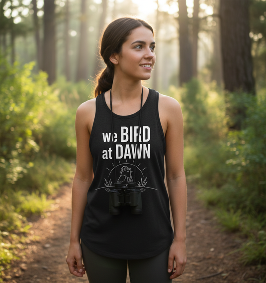 Funny We Bird at Dawn Birdwatching Tank Top - product mockup - Black