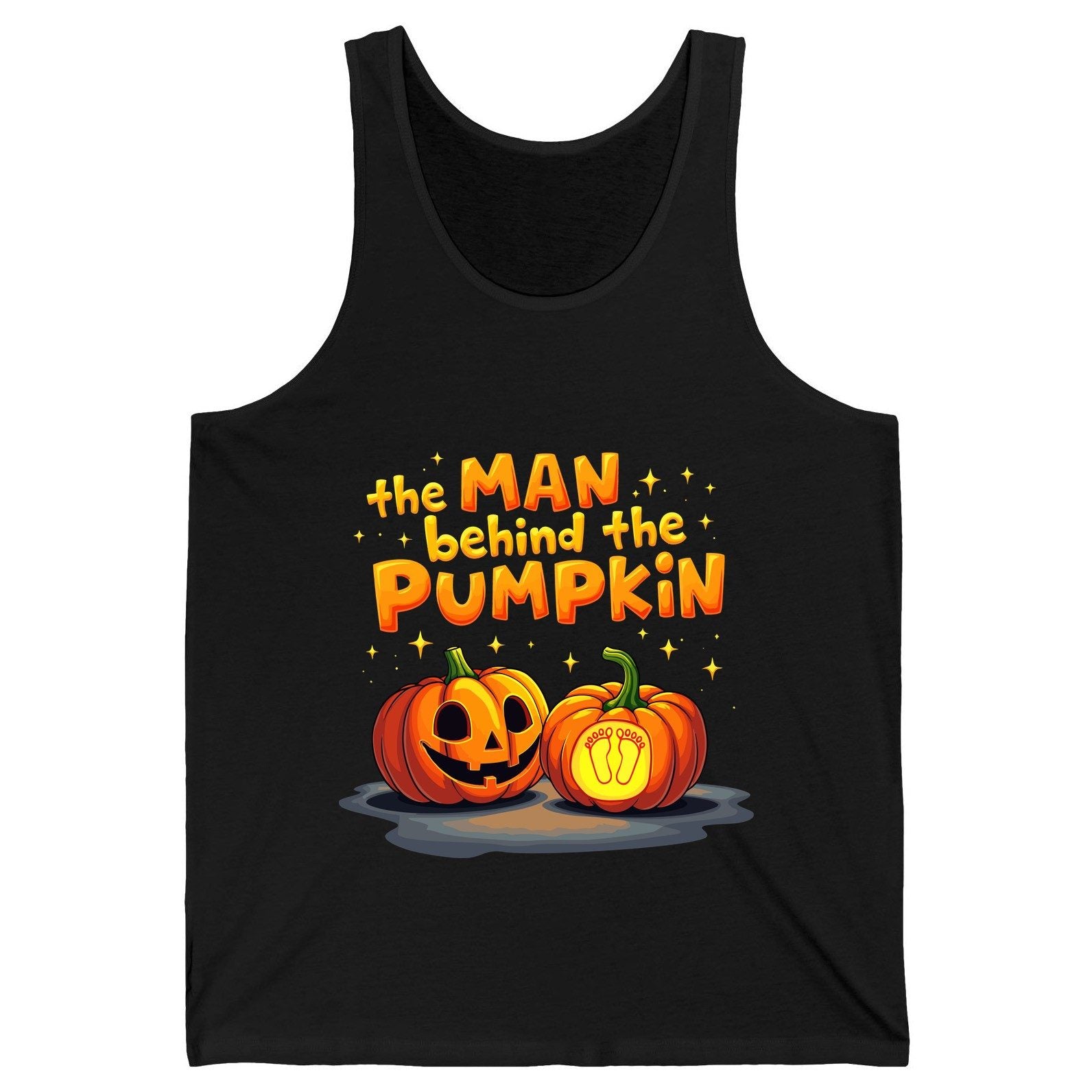 The Man Behind the Pumpkin Halloween pregnancy announcement Tank Top Black product mockup
