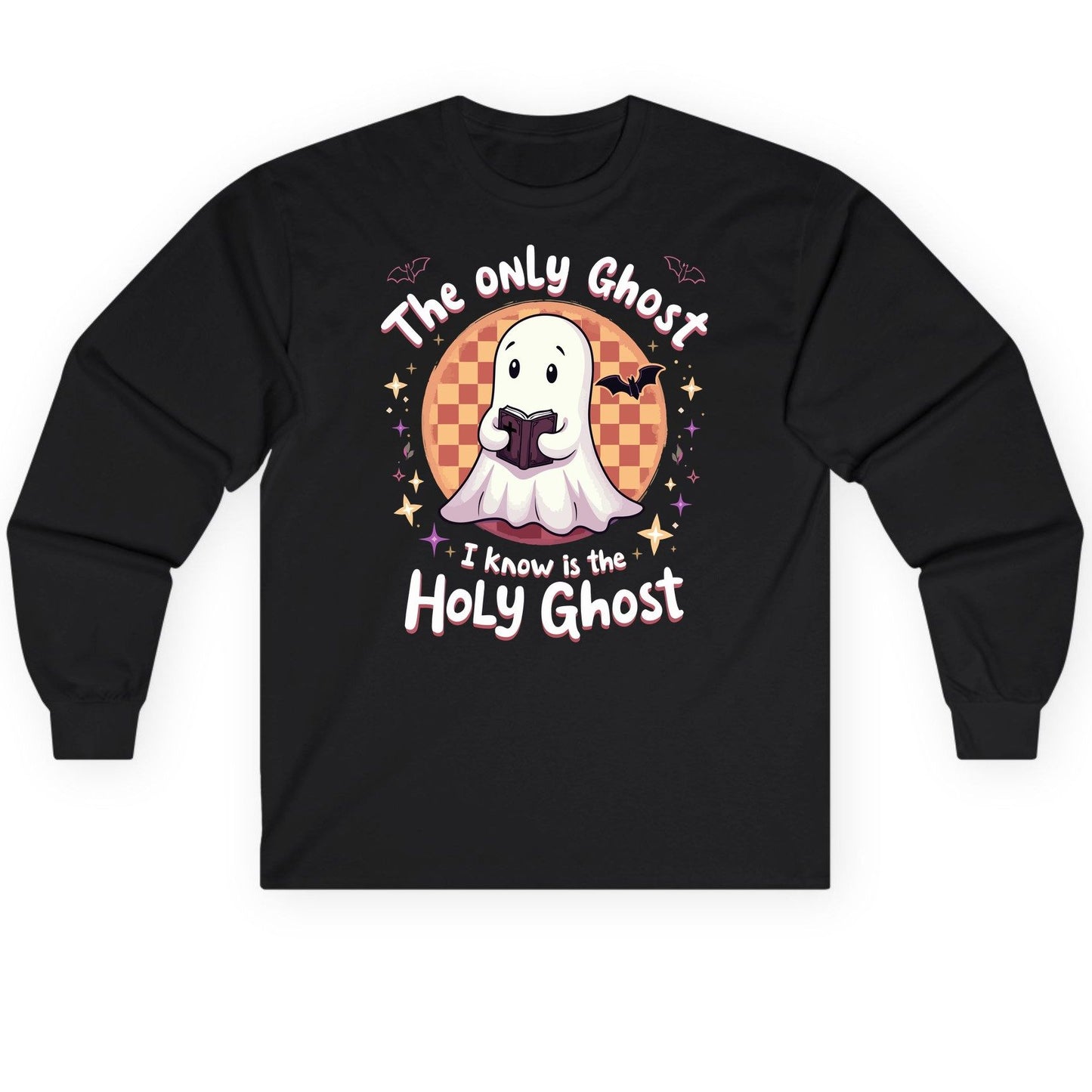 The Only Ghost I Know Is the Holy Ghost christian Halloween Long Sleeve Tee Black product mockup