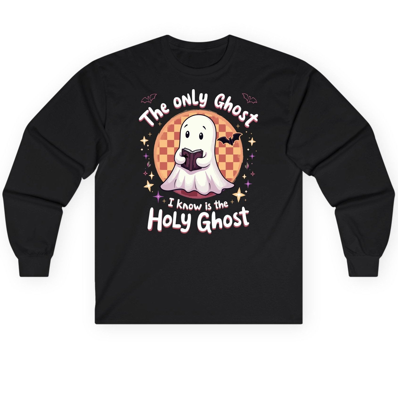 The Only Ghost I Know Is the Holy Ghost christian Halloween Long Sleeve Tee Black product mockup