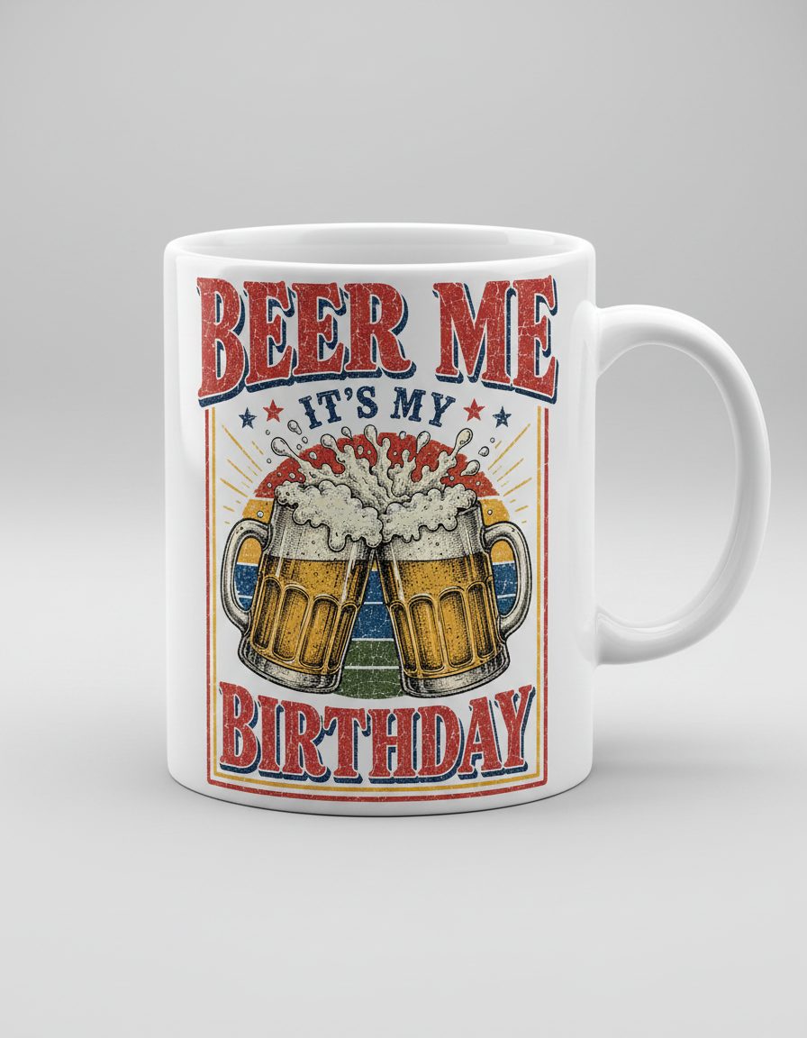 Beer Me It's My Birthday Funny Celebrants White Mug - product mockup - White