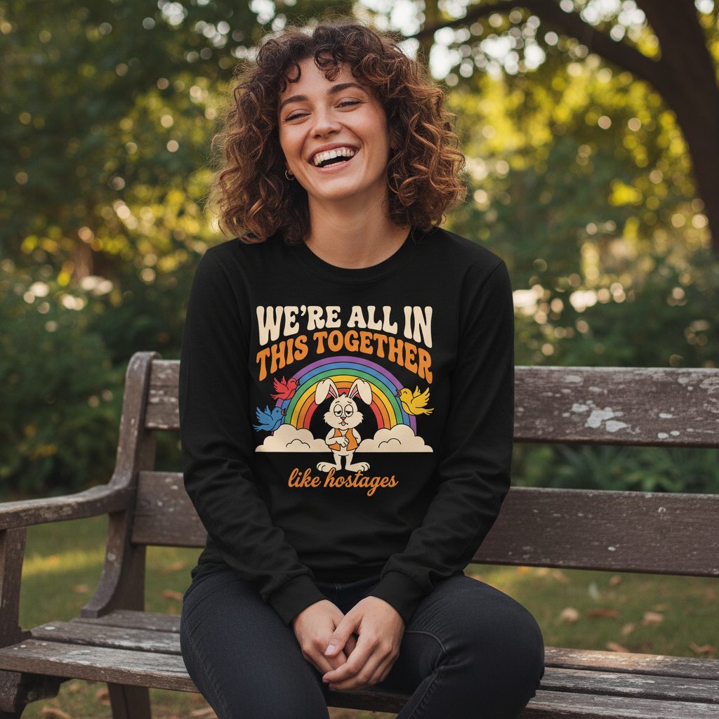 We're All in This Together Like Hostages sarcastic rabbit Long Sleeve Tee Black lifestyle mockup