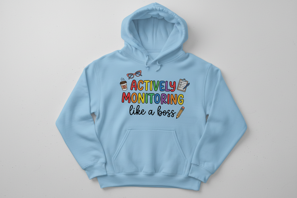 Actively Monitoring Teacher Rainbow Text Design Hoodie - Light Blue