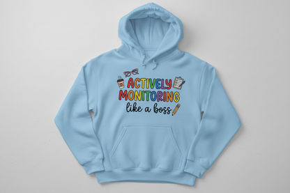 Actively Monitoring Teacher Rainbow Text Design Hoodie - Light Blue