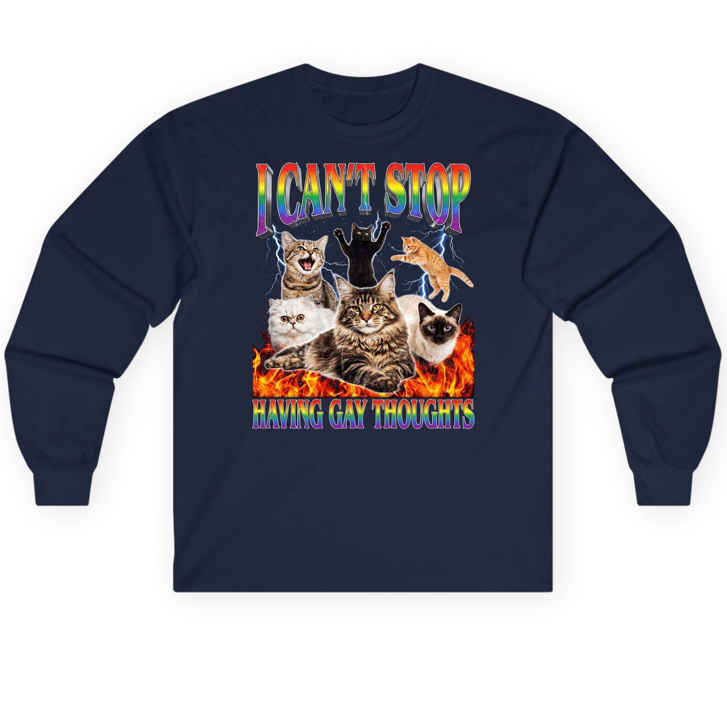 I Can't Stop Having Gay Thoughts cats Long Sleeve Tee Navy product mockup