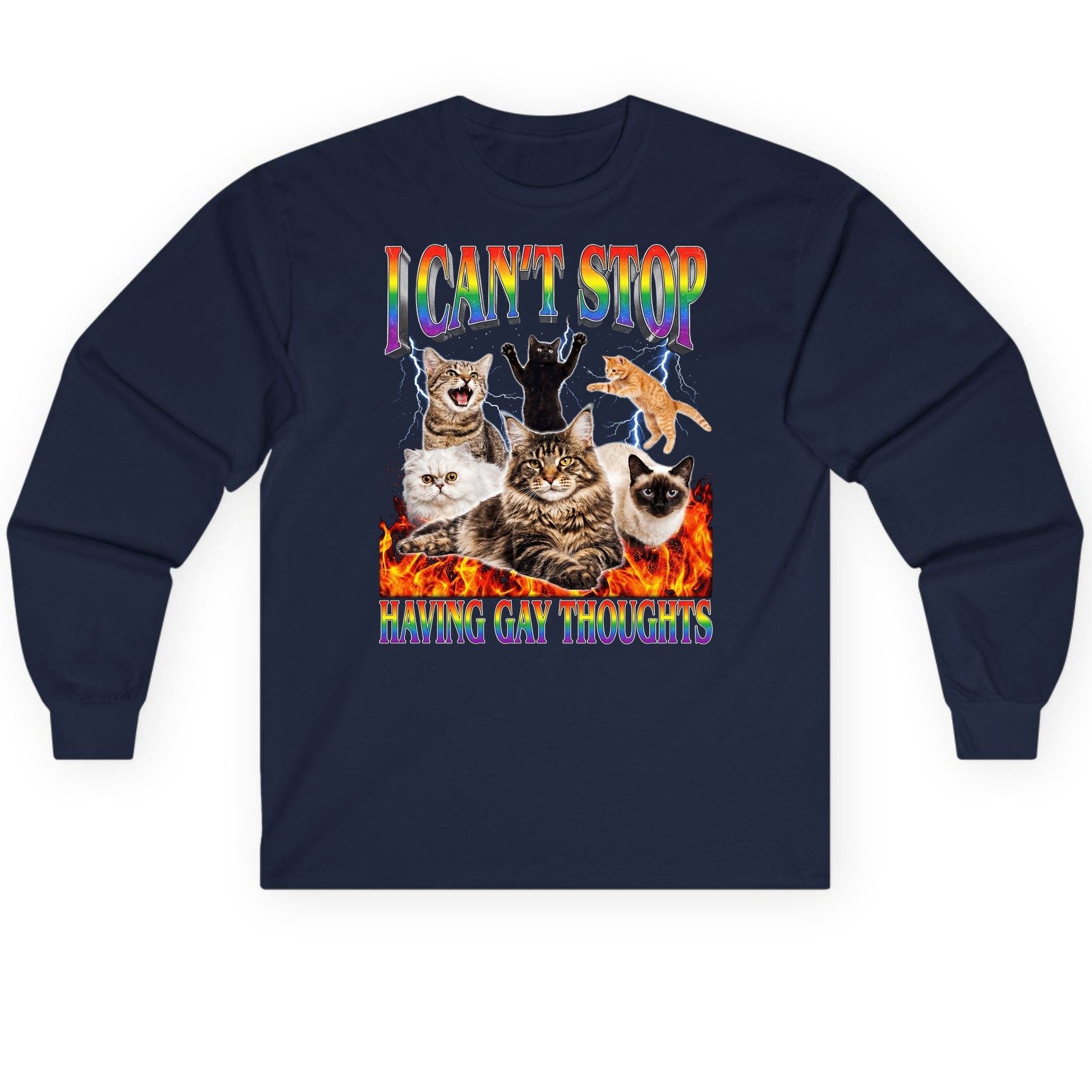 I Can't Stop Having Gay Thoughts cats Long Sleeve Tee Navy product mockup