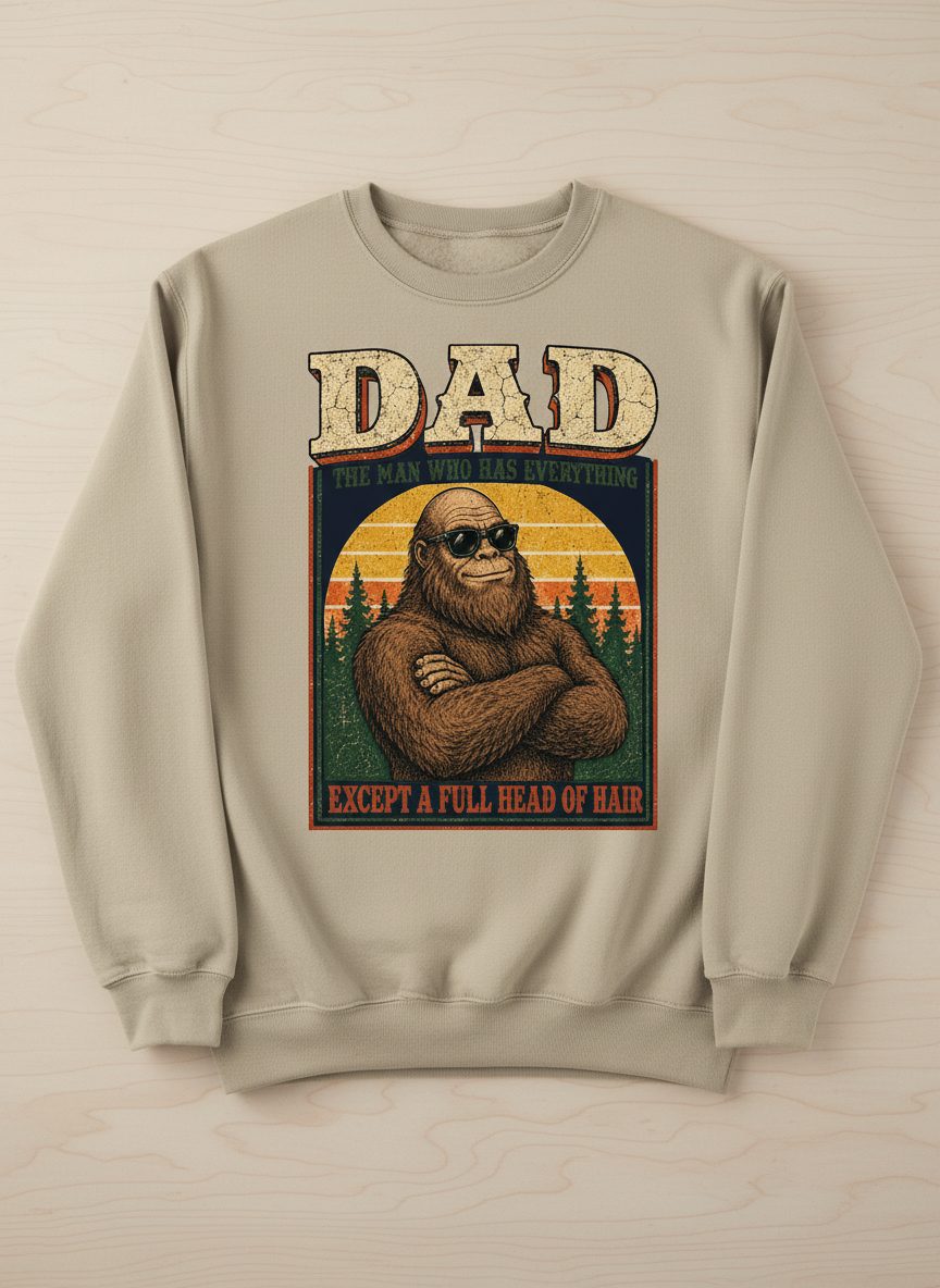 Dad the Man Who Has Everything Except a Full Head of Hair Funny Bigfoot Sweatshirt - product mockup - Sand