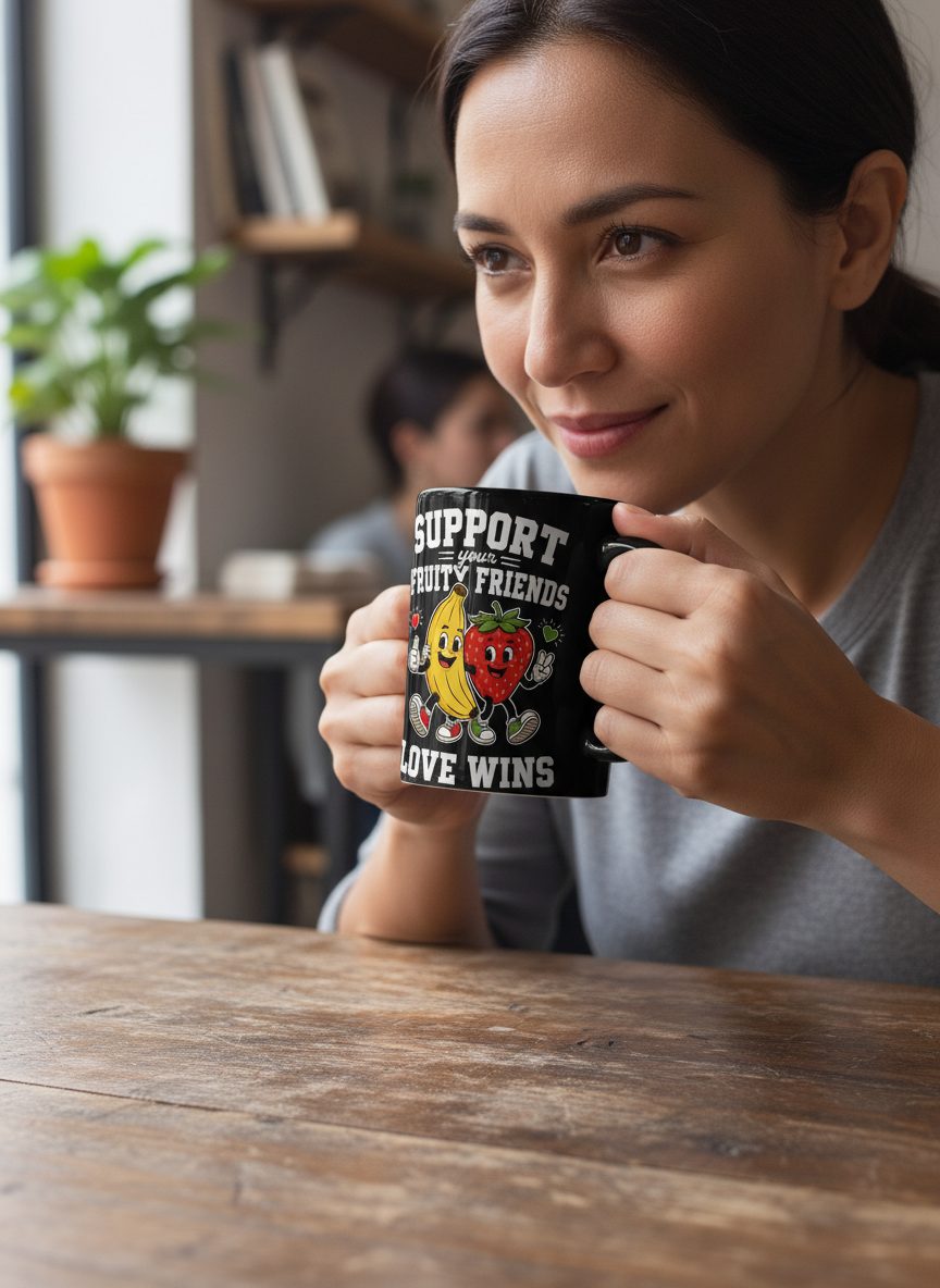 Support Your Fruity Friends Love Wins Retro Lgbtq Pride Black Mug - lifestyle model mockup - Black