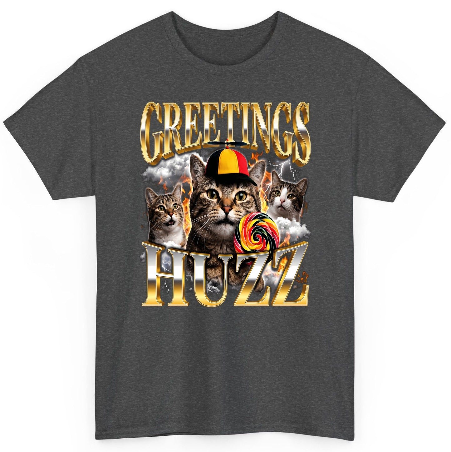 Greetings HUZZ Funny Cats T-Shirt - product mockup - Dark Heather