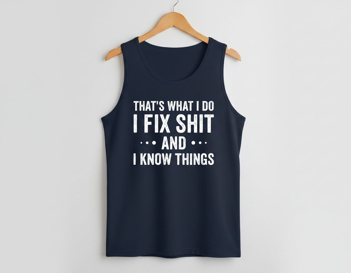 THAT'S WHAT I DO I FIX SHIT AND I KNOW THINGS Tank Top - product mockup - Navy
