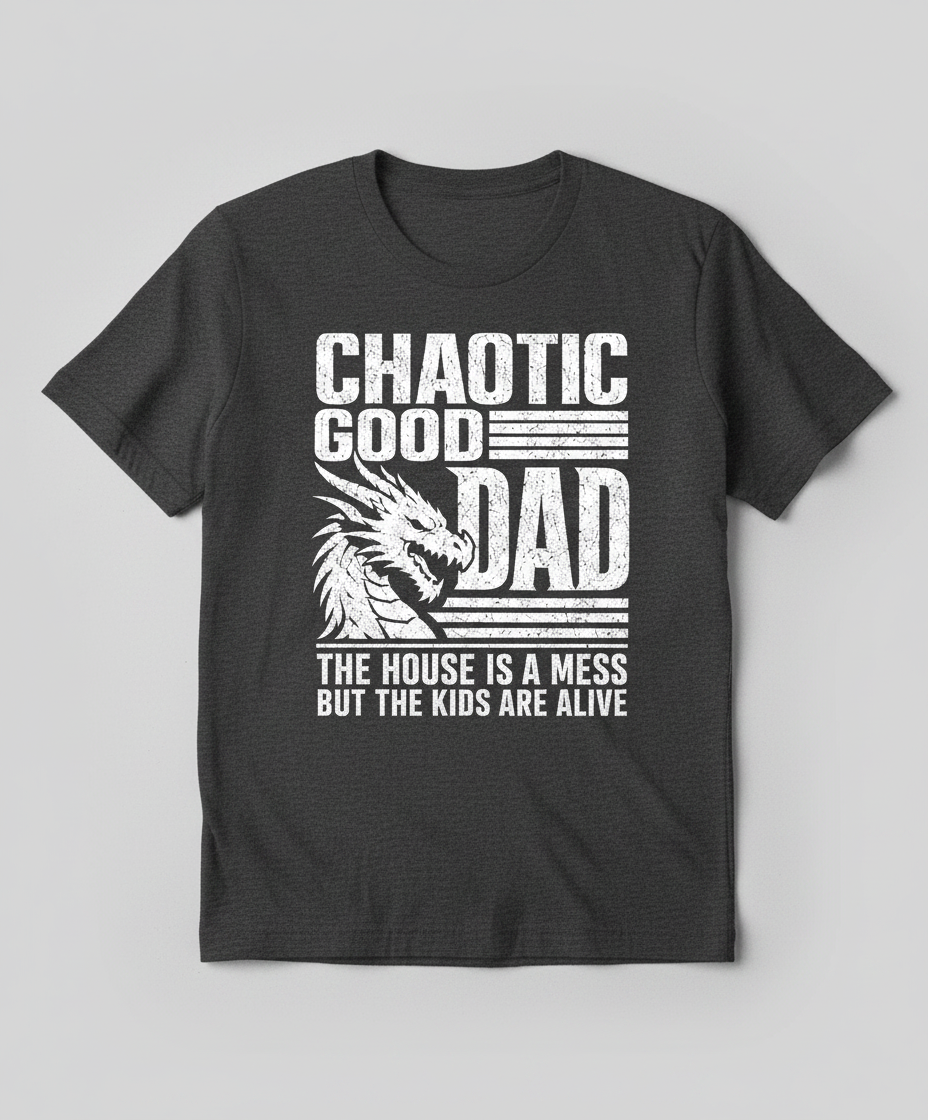 CHAOTIC GOOD DAD THE HOUSE IS A MESS BUT THE KIDS ARE ALIVE Funny Chaotic Good Dad Dragon T-Shirt - product mockup - Dark Heather