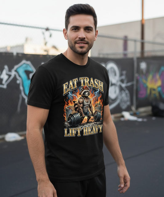 Eat Trash Lift Heavy raccoon T-Shirt Black lifestyle mockup