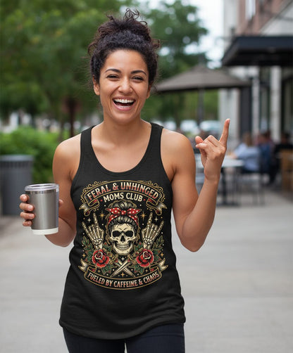 Feral & Unhinged Moms Club Fueled by Caffeine & Chaos Tank Top - lifestyle model mockup - Black