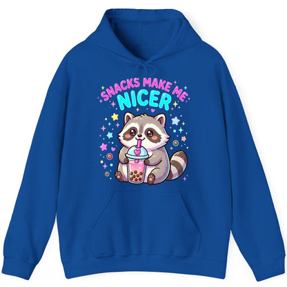 SNACKS MAKE ME NICER Funny Raccoon Hoodie - product mockup - Royal