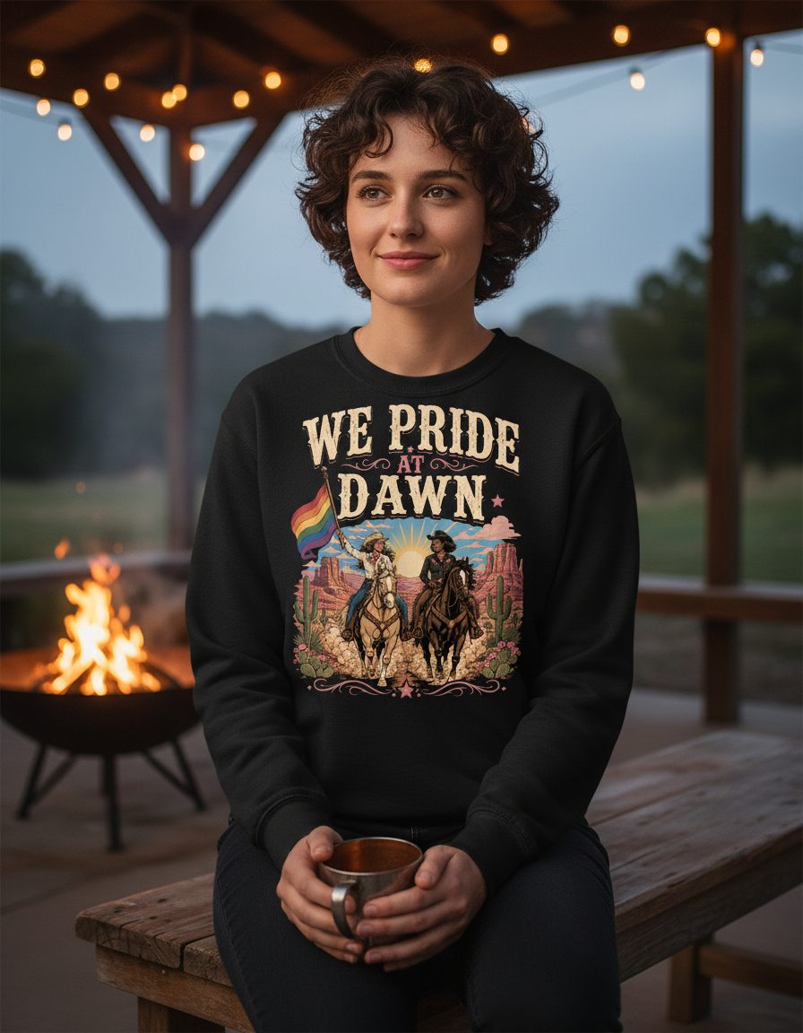 We Pride at Dawn Retro Lgbtq Sweatshirt - lifestyle model mockup - Black