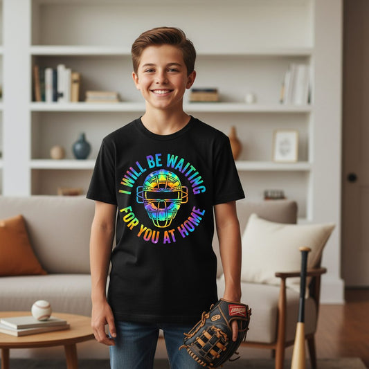 I Will Be Waiting for You at Home baseball catcher Youth T-Shirt Black lifestyle mockup