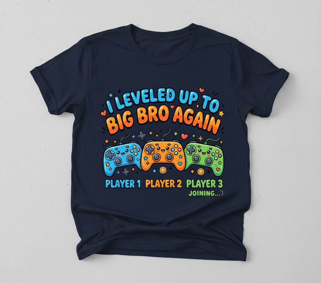 I Leveled UP TO BIG BRO AGAIN Brother Announcement T-Shirt - product mockup - Navy