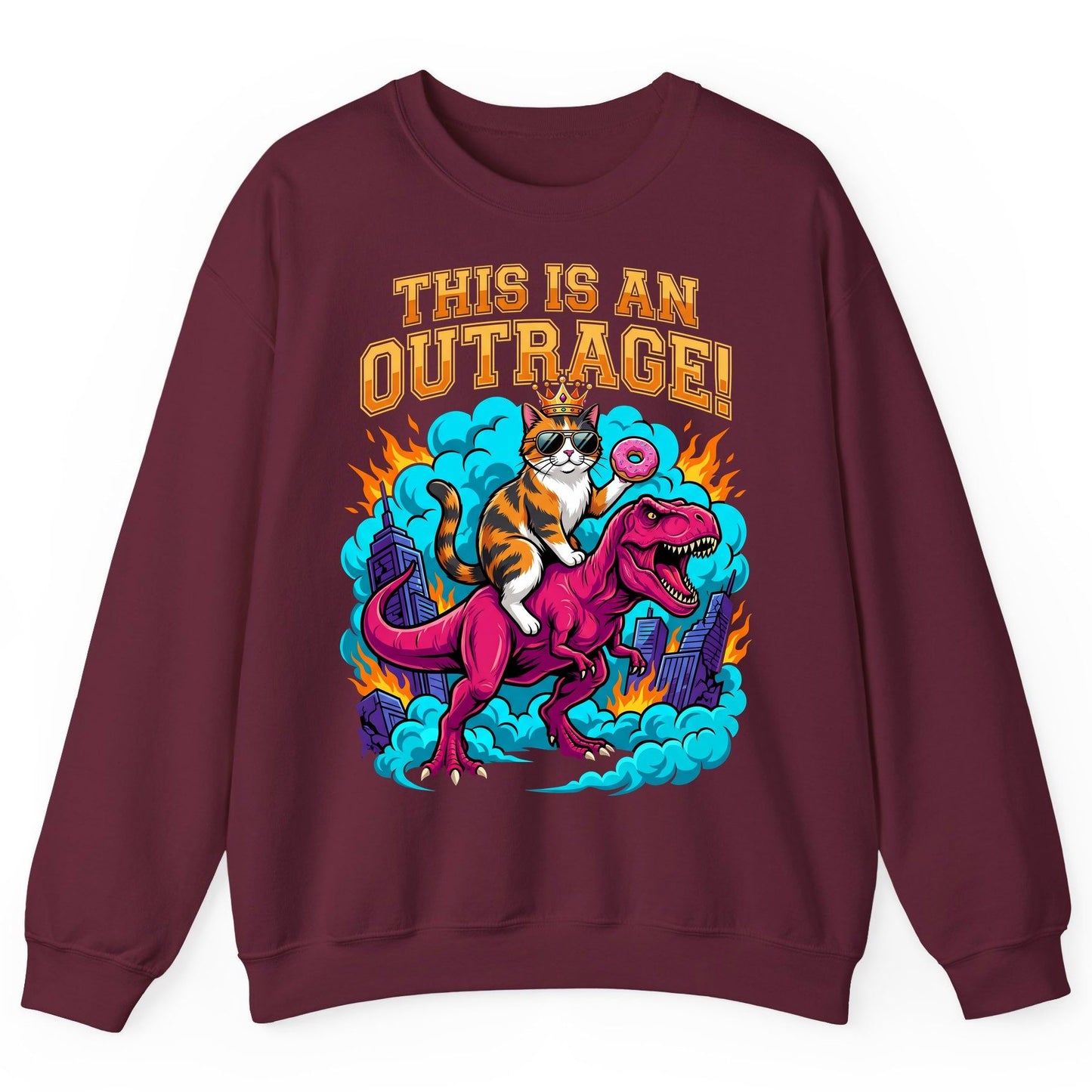 THIS IS AN OUTRAGE! Cat riding a T-Rex Sweatshirt Maroon product mockup