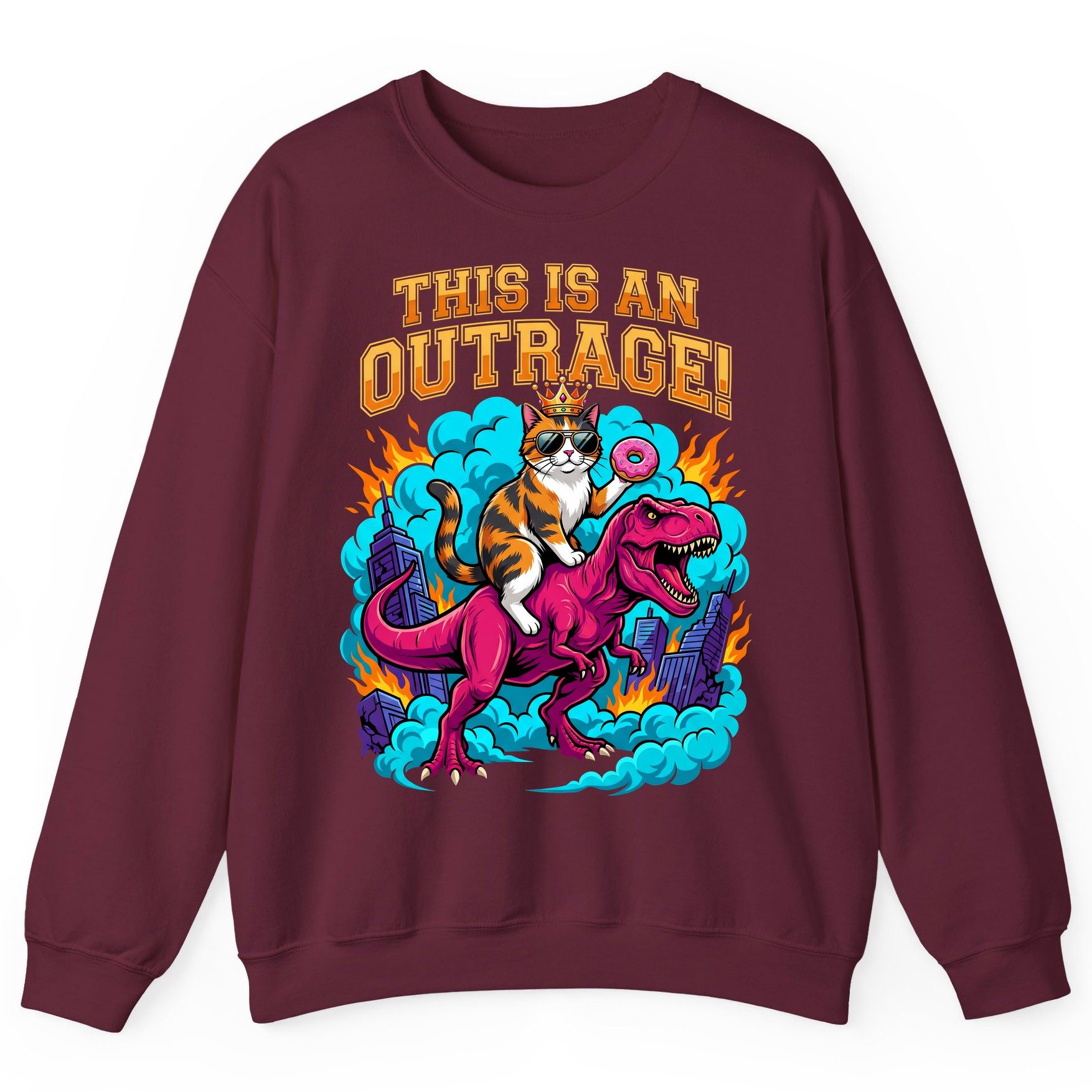 THIS IS AN OUTRAGE! Cat riding a T-Rex Sweatshirt Maroon product mockup
