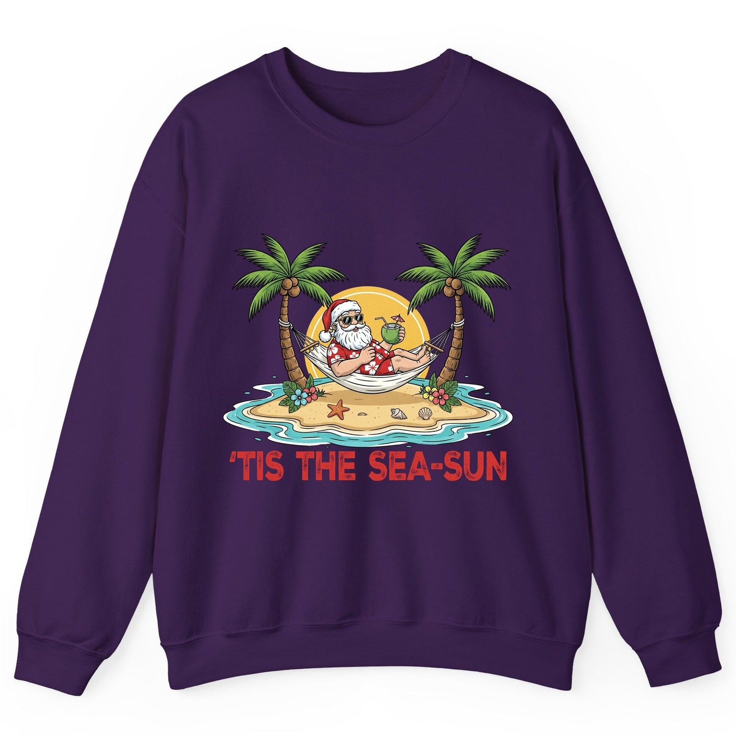 'Tis the Sea-Sun santa claus on a tropical vacation Sweatshirt Purple product mockup