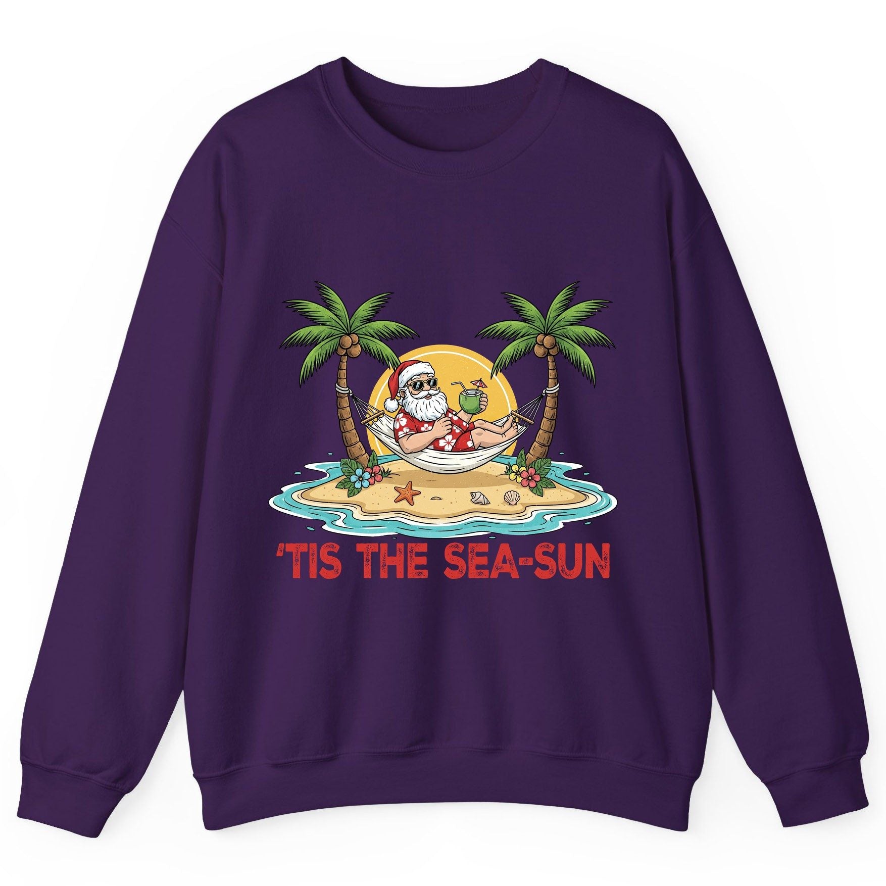 'Tis the Sea-Sun santa claus on a tropical vacation Sweatshirt Purple product mockup
