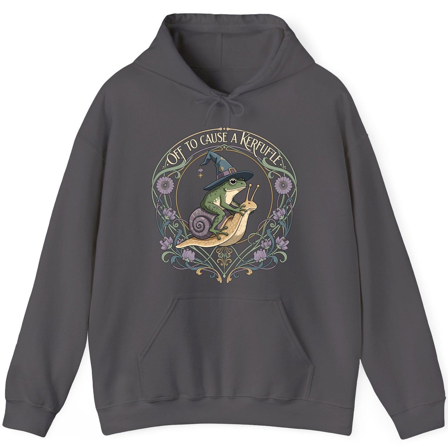 Off to Cause a Kerfuffle frog riding a snail Hoodie Charcoal product mockup