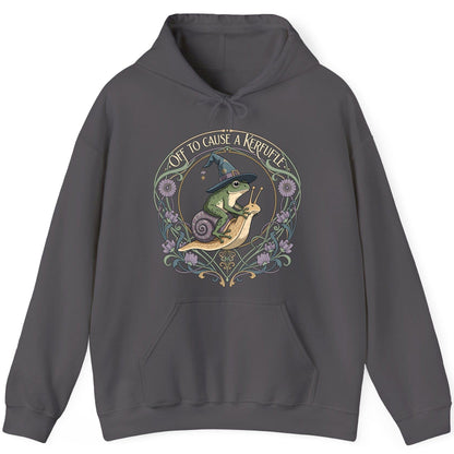 Off to Cause a Kerfuffle frog riding a snail Hoodie Charcoal product mockup