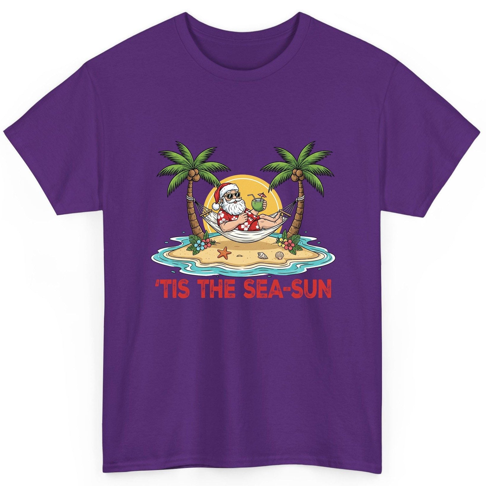 'Tis the Sea-Sun santa claus on a tropical vacation T-Shirt Purple product mockup