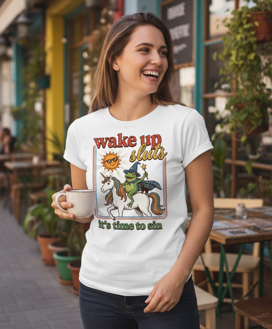 Wake Up Sluts It's Time to Sin Funny Wizard Frog T-Shirt - lifestyle model mockup - White