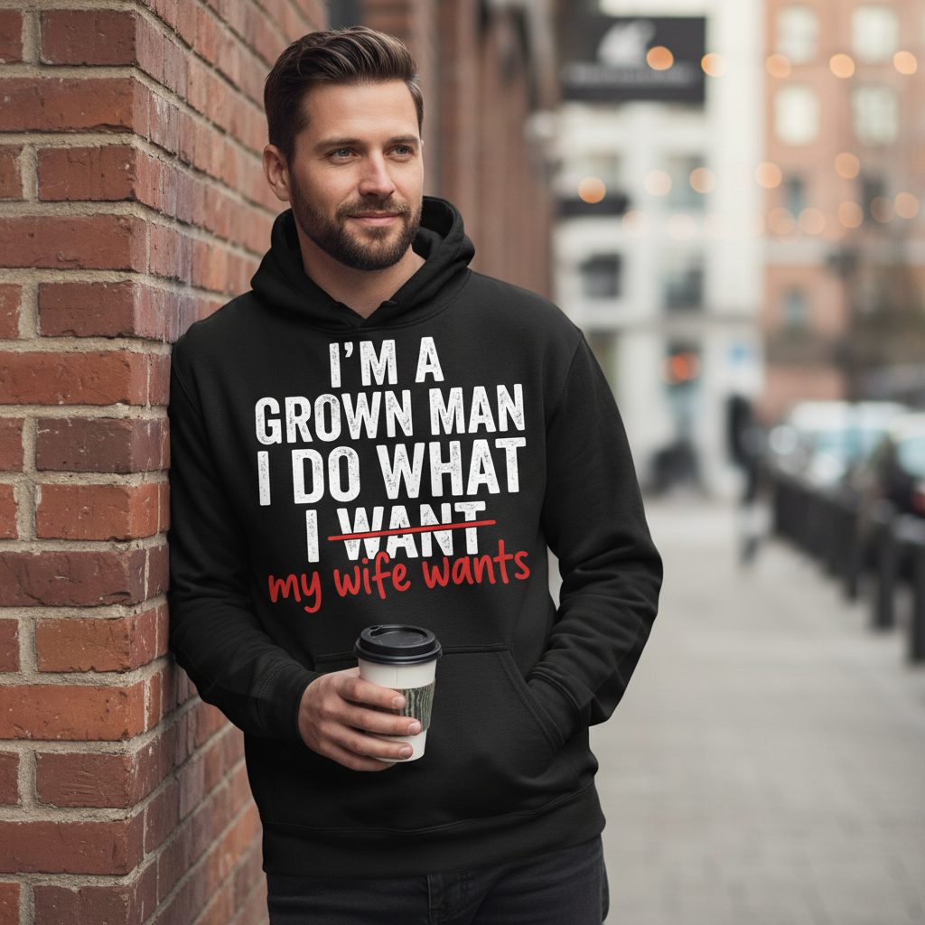 I'm a Grown Man I Do What I Want My Wife Wants Hoodie - lifestyle model mockup - Black