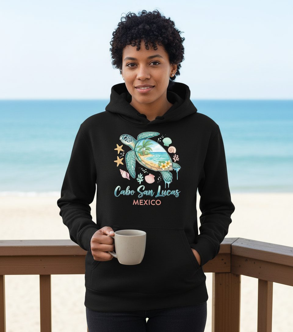Cabo San Lucas Mexico sea turtle Hoodie Black lifestyle mockup