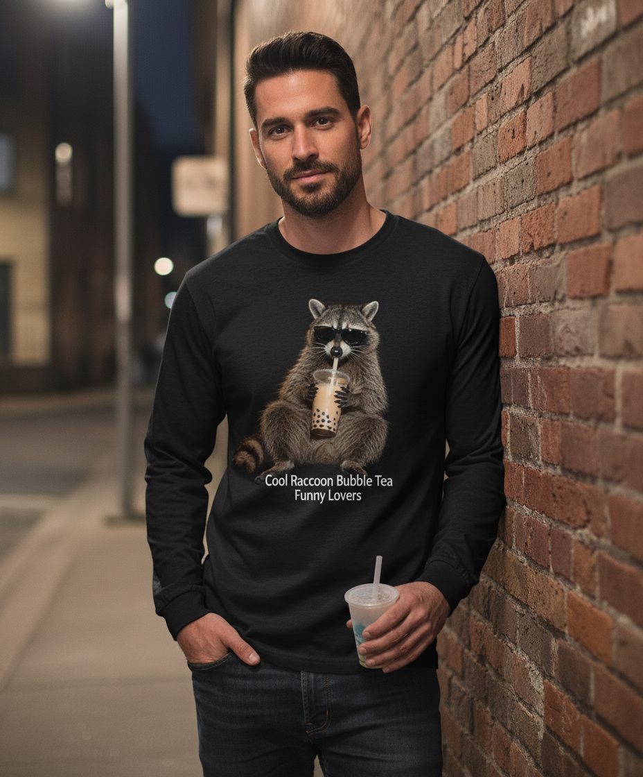 Cool Raccoon Bubble Tea Funny Lovers Long Sleeve Tee - lifestyle model mockup - Black