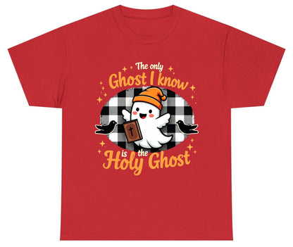The Only Ghost I Know Is the Holy Ghost christian Halloween Youth T-Shirt Red product mockup